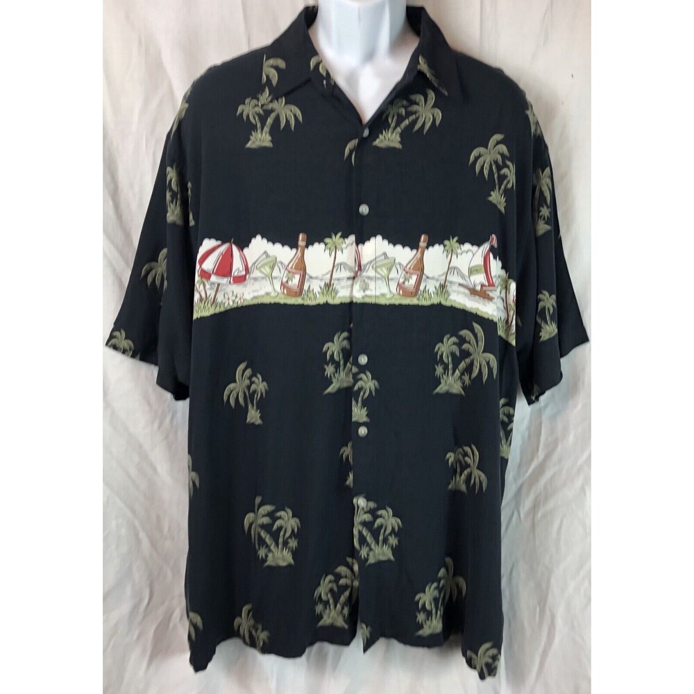 Vintage Hawaiian Rayon Shirt XL Black Party Drink ButtonUp Luau Retro Beach